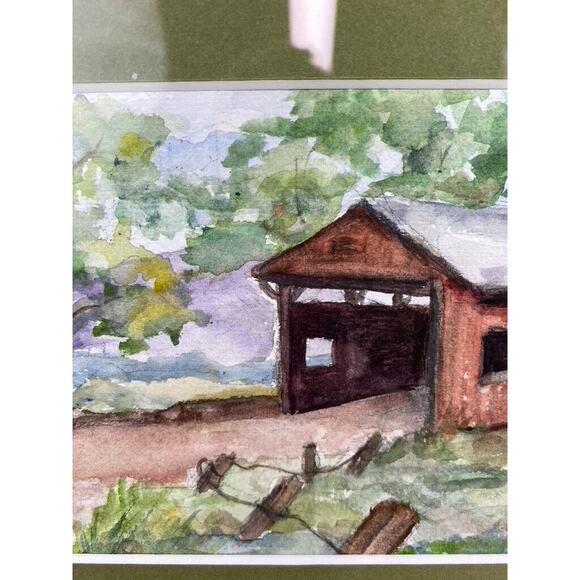 Original Covered Bridge Watercolor Oak Framed Matted Signed - Picture 3 of 7